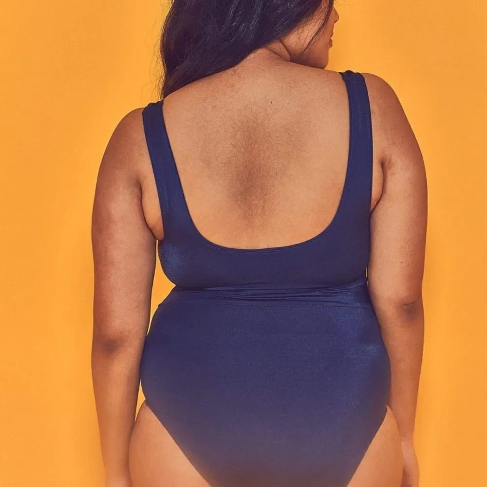 Wolf & Whistle Navy Belted Plunge Swimsuit Curve size 14